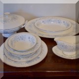 P35. Set of 65 Wedgwood Belle Fleur china set including 13 dinner plates, 12 salad plates, 12 soup bowls, 4 cereal bowls, 6 bread and butter plates, 14 saucers, gravy dish and plate, serving bowl and covered serving dish and platter. - $225 